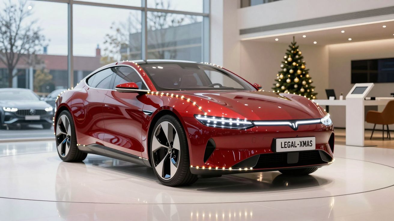 Carro elétrico vermelho com luzes de Natal, exposto num salão moderno com árvore decorada ao fundo.