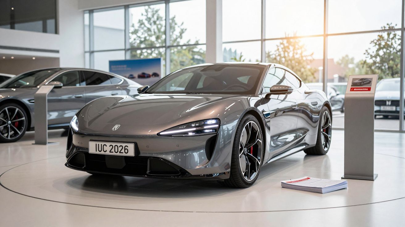 Carro desportivo cinzento elétrico exposto com iluminação natural em show room moderno.