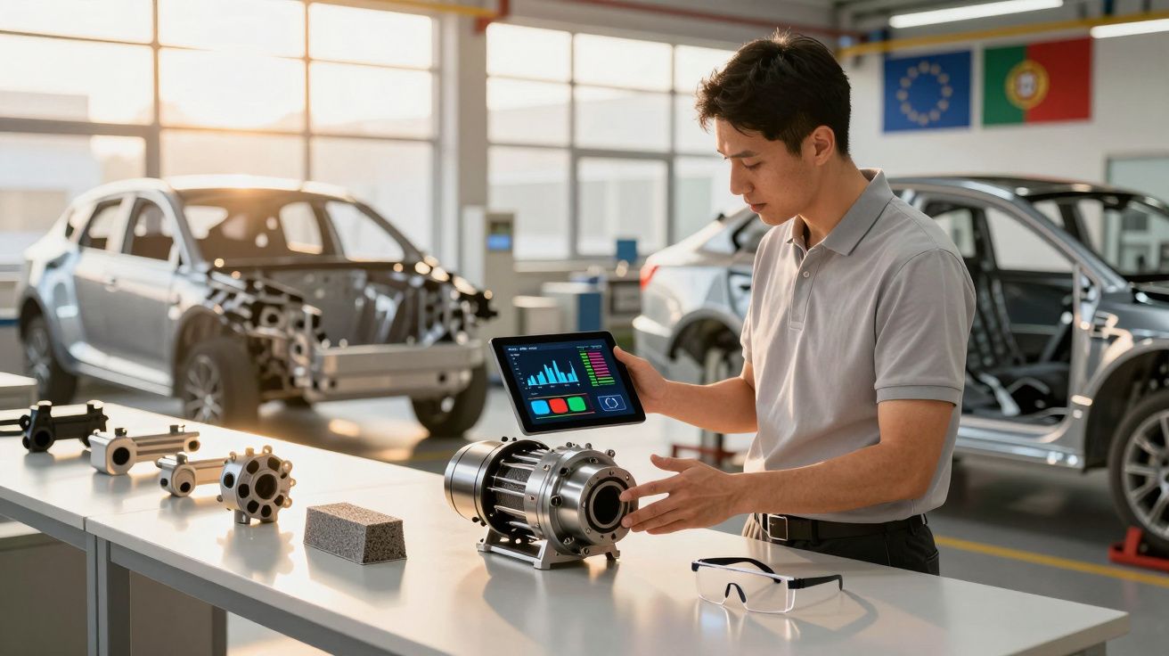 Homem analisa componente automóvel com tablet numa oficina com carros em reconstrução ao fundo.