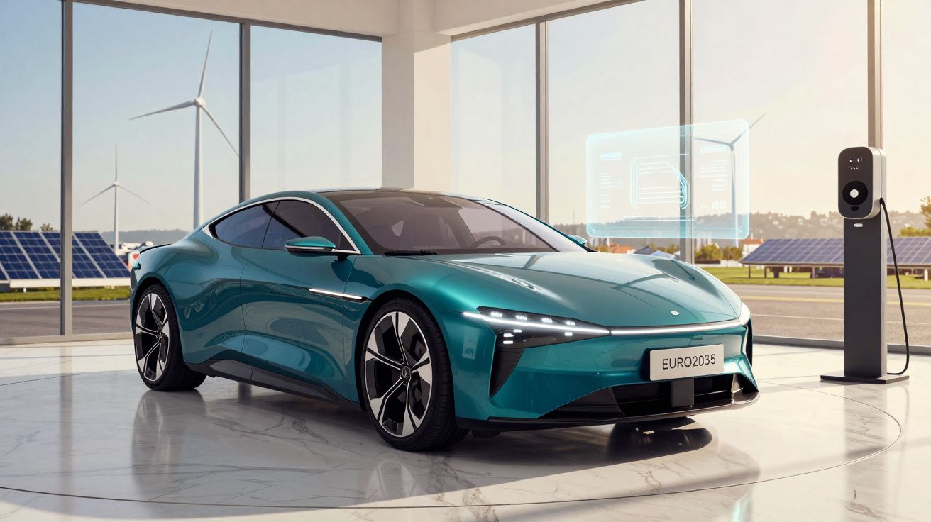 Carro elétrico desportivo azul com painéis solares e turbinas eólicas ao fundo numa garagem moderna.