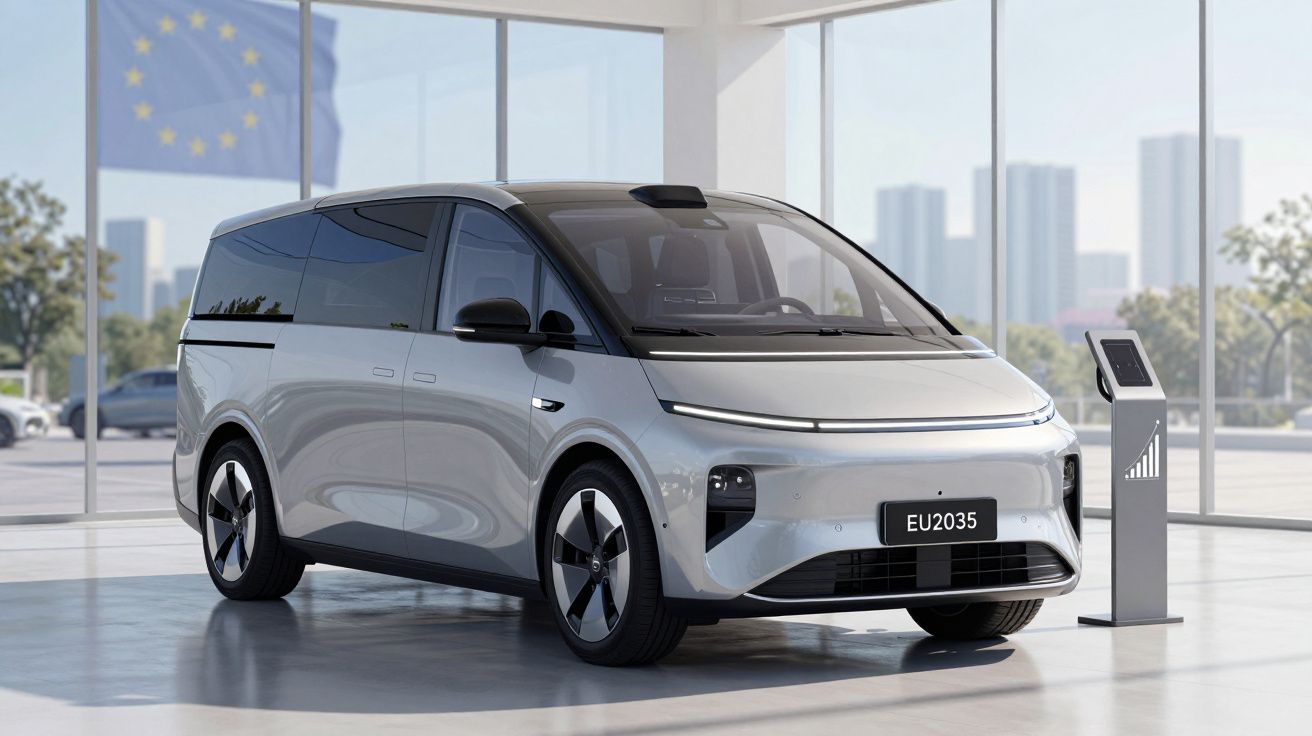 Veículo elétrico moderno prateado estacionado numa sala ampla com janelas e sinal da União Europeia ao fundo.