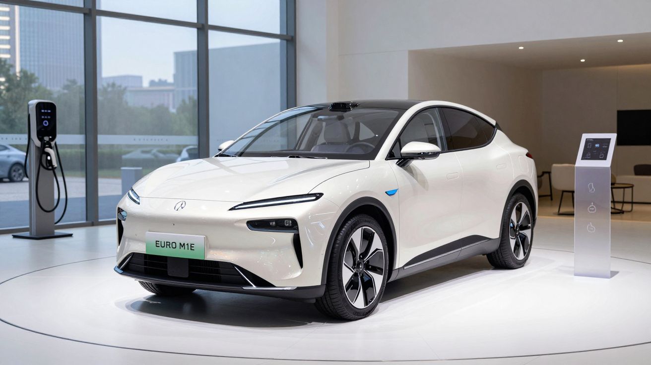 Carro elétrico branco modelo EURO M1E exposto num espaço moderno com posto de carregamento próximo.