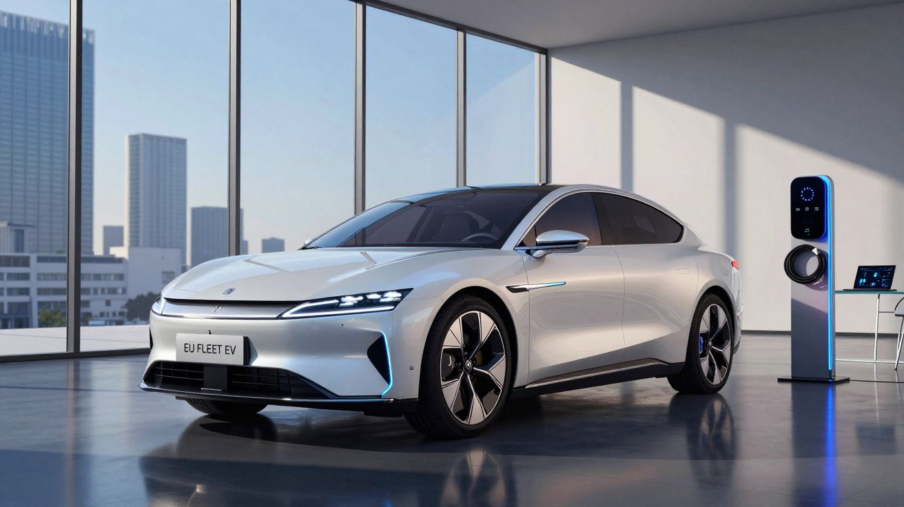 Carro elétrico branco estacionado perto de posto de carregamento, em espaço interior com janelas amplas.