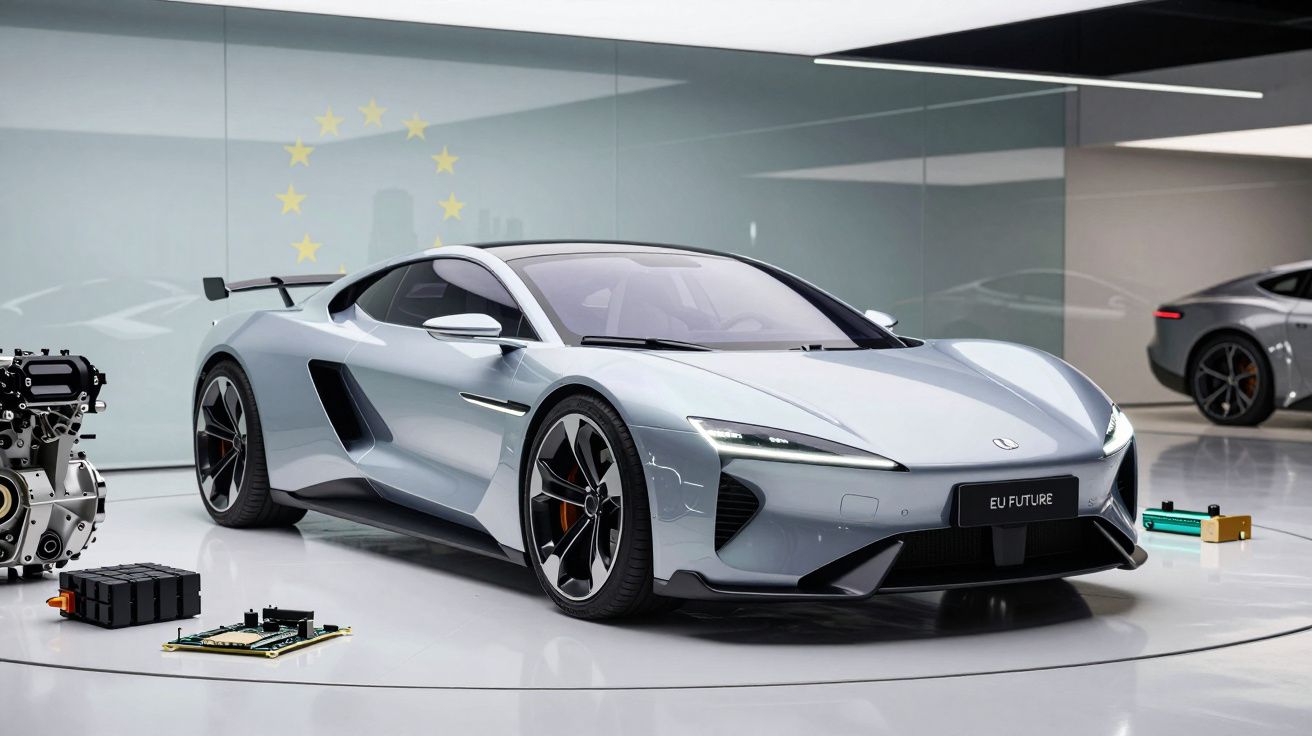 Carro desportivo elétrico cinza brilhante numa sala moderna com logótipo da União Europeia ao fundo.