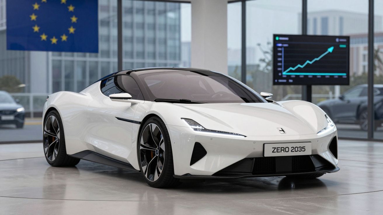 Carro desportivo elétrico branco com matrícula ZERO 2035 em showroom moderno com gráfico de subida ao fundo.