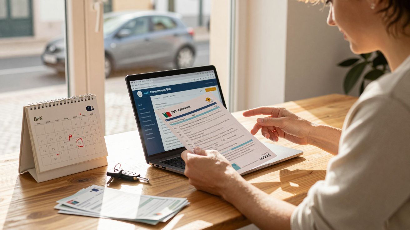 Pessoa a analisar certificado digital junto a computador portátil e calendário numa mesa junto à janela