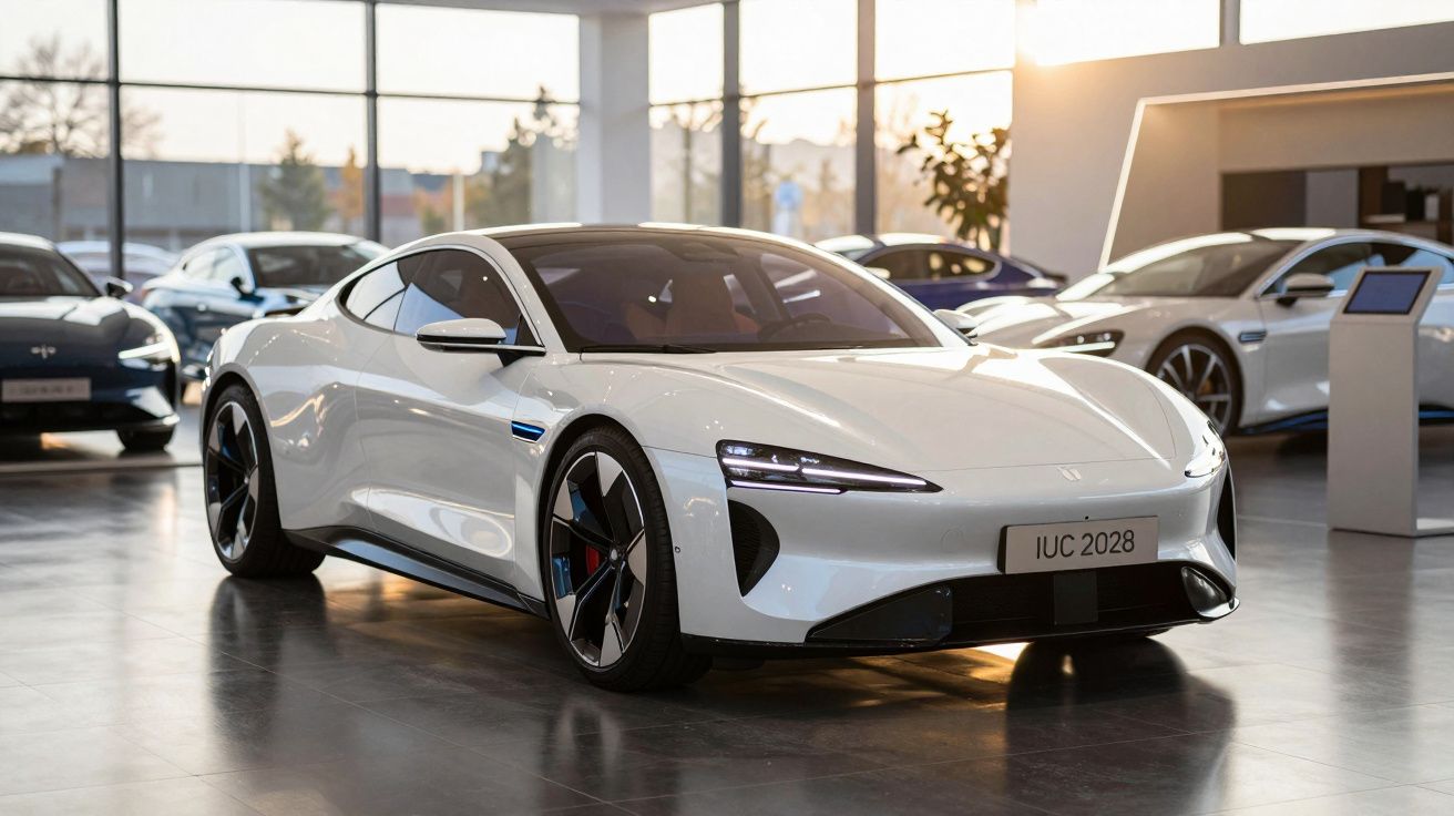 Carro desportivo elétrico branco estacionado em showroom com iluminação natural ao fim do dia.