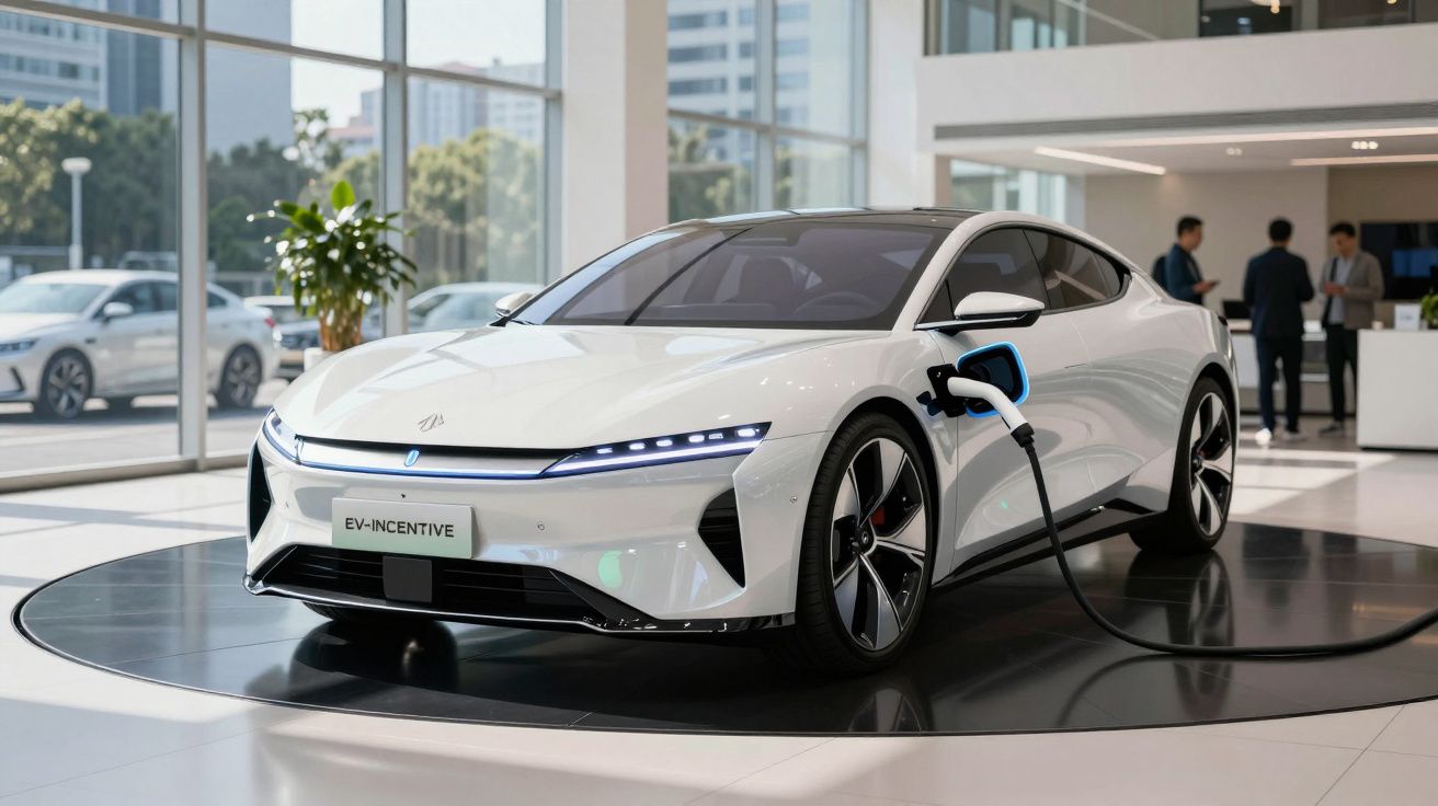 Carro elétrico branco a carregar numa tomada num showroom moderno com janelas amplas e pessoas ao fundo.