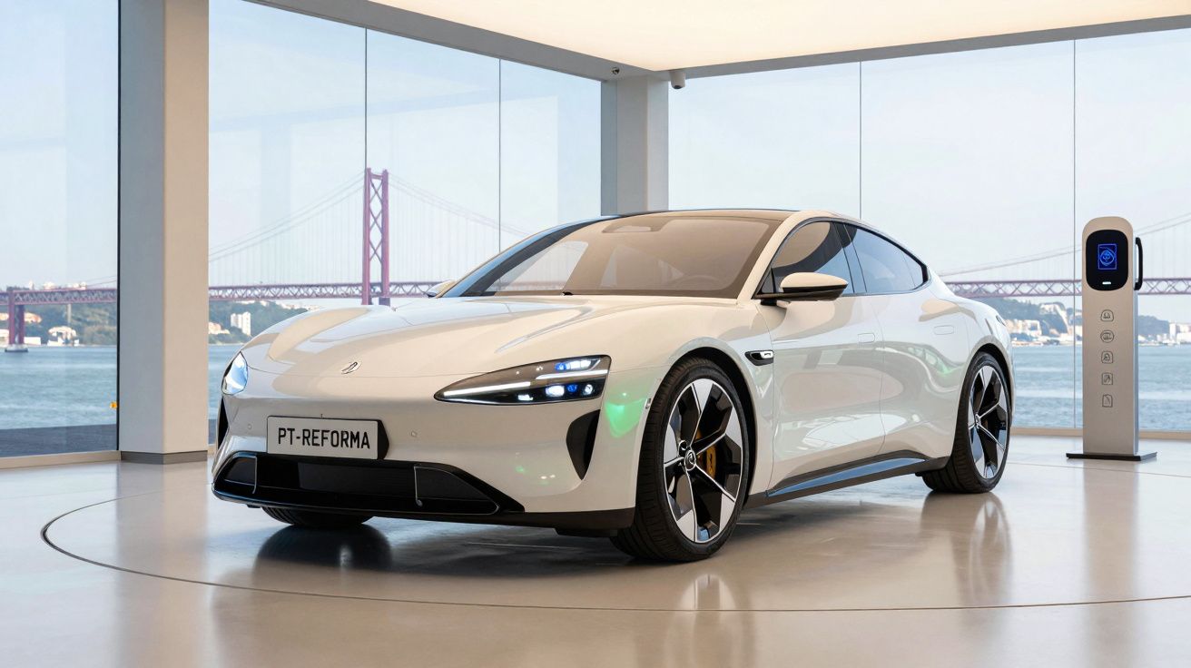 Carro elétrico branco estacionado num espaço interior com carregador e vista para uma ponte suspensa à janela.