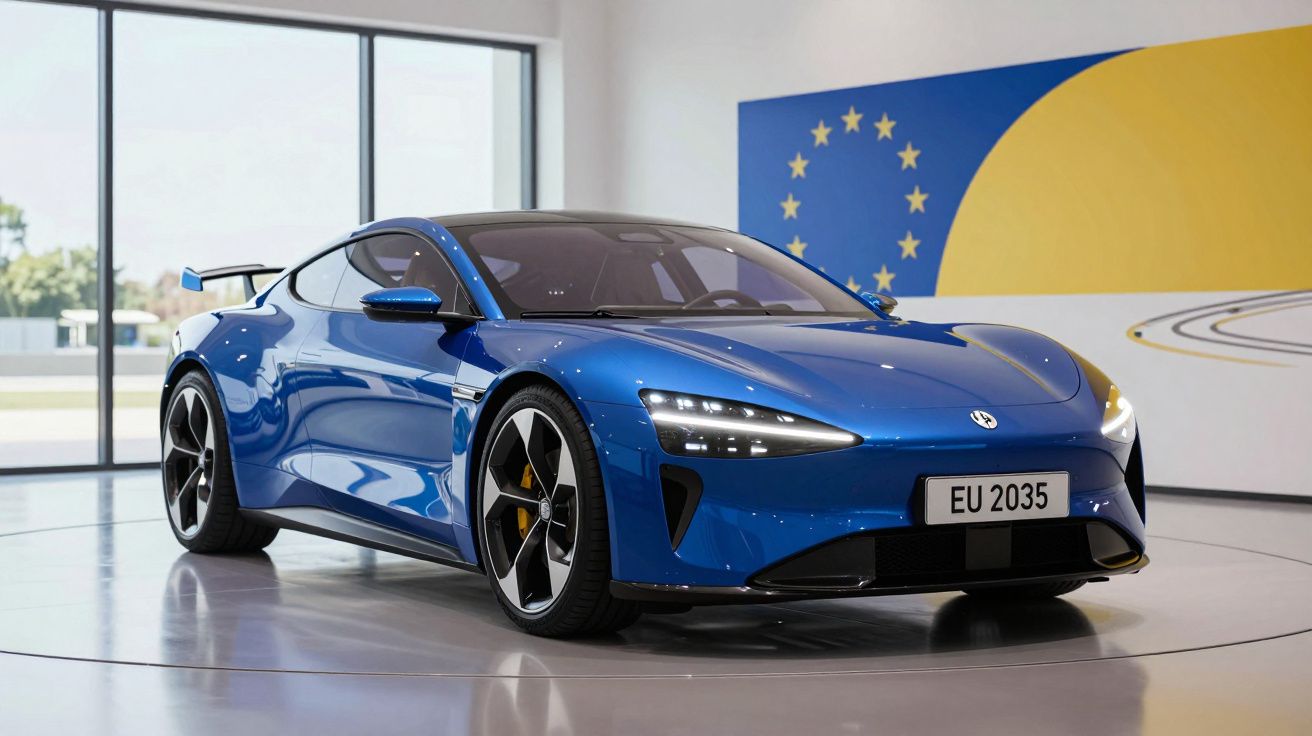 Carro desportivo azul elétrico estacionado em sala com bandeira da União Europeia ao fundo.