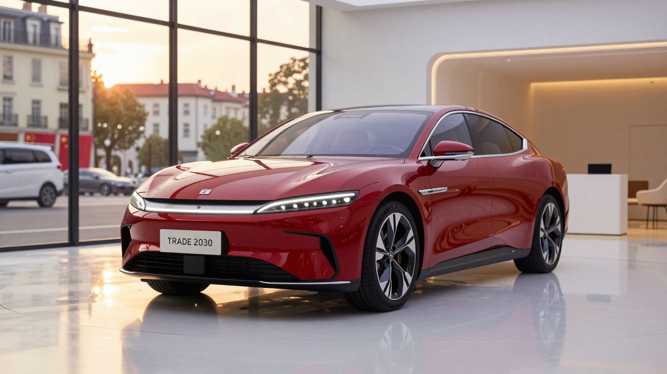 Carro elétrico vermelho TYADE 2030 em exposição numa sala moderna com grandes janelas e luz natural.