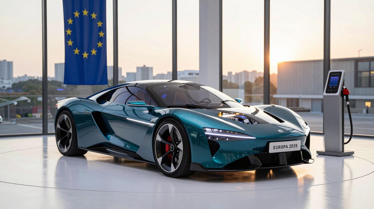 Carro desportivo elétrico azul em exposição com bandeira da União Europeia e posto de carregamento elétrico.