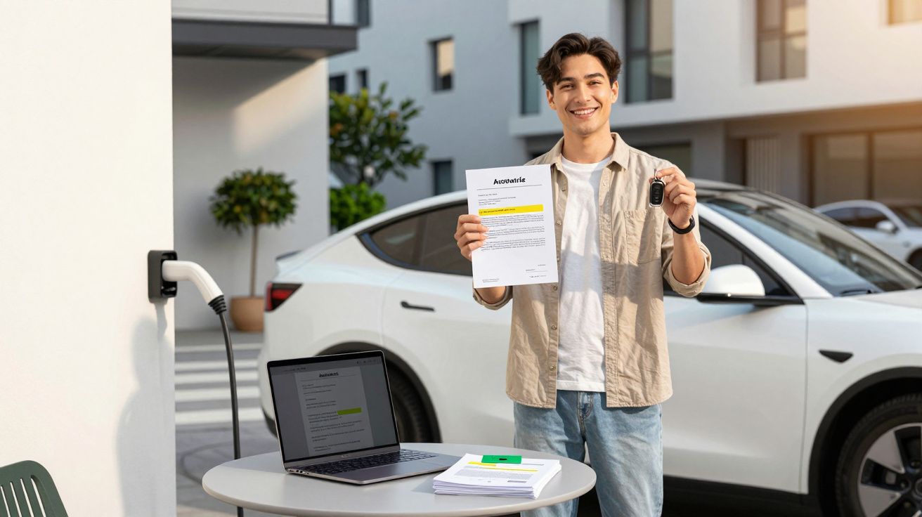 Homem sorridente segura documentos e chave do carro eletrico branco a carregar fora de casa moderna.
