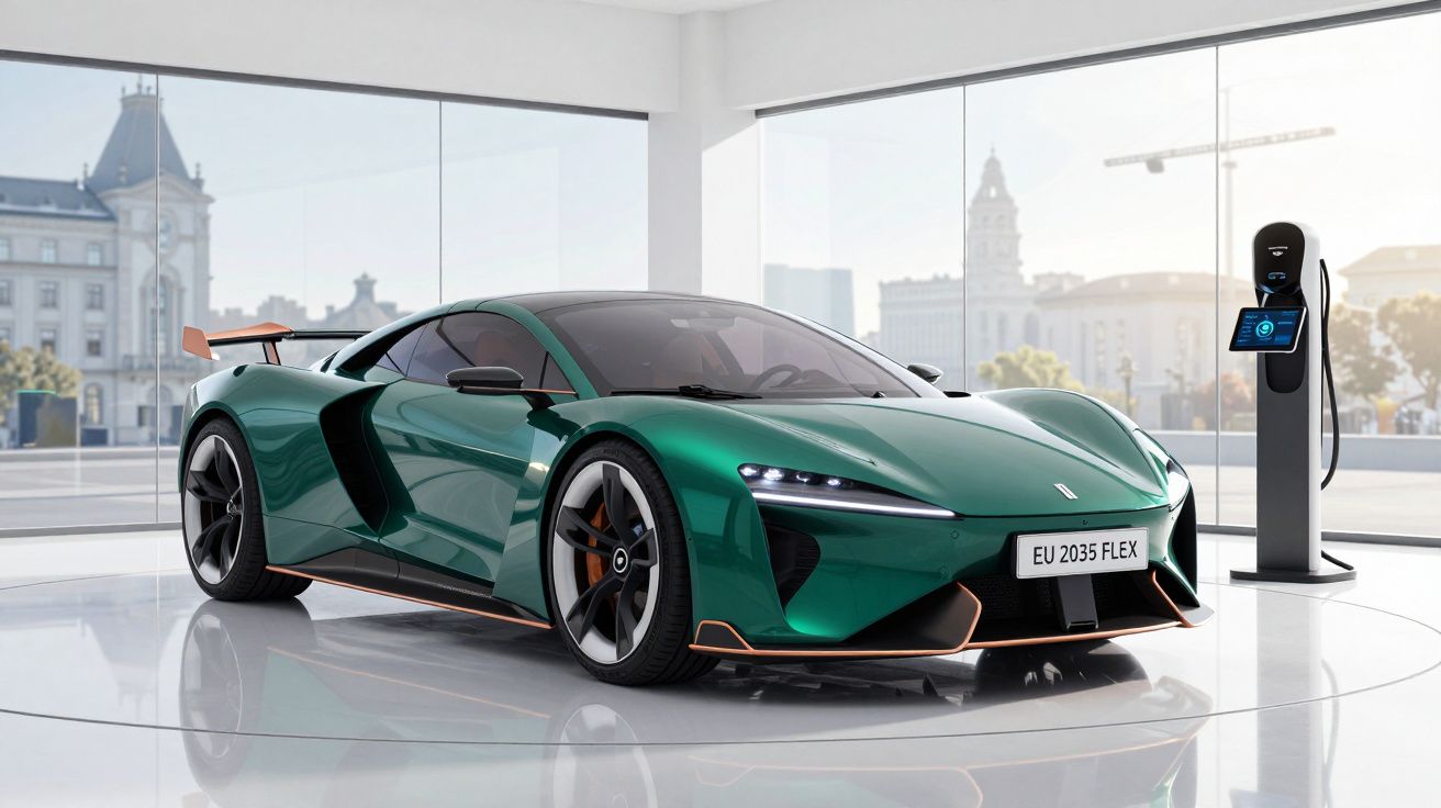 Carro desportivo elétrico verde escuro estacionado em showroom moderno com posto de carregamento.