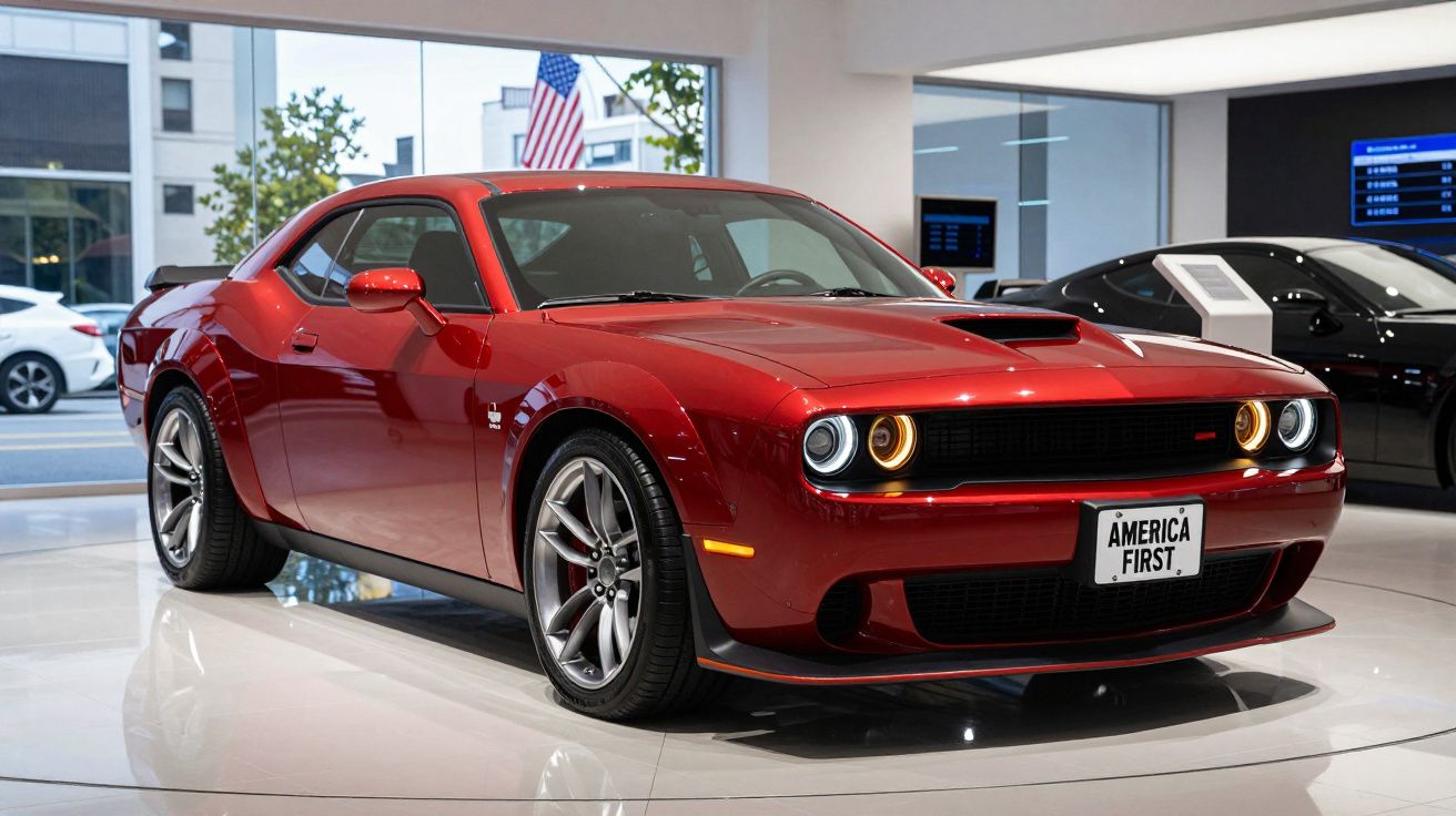 Carro desportivo vermelho Dodge Challenger exibido em ambiente interior com matrícula "America First".