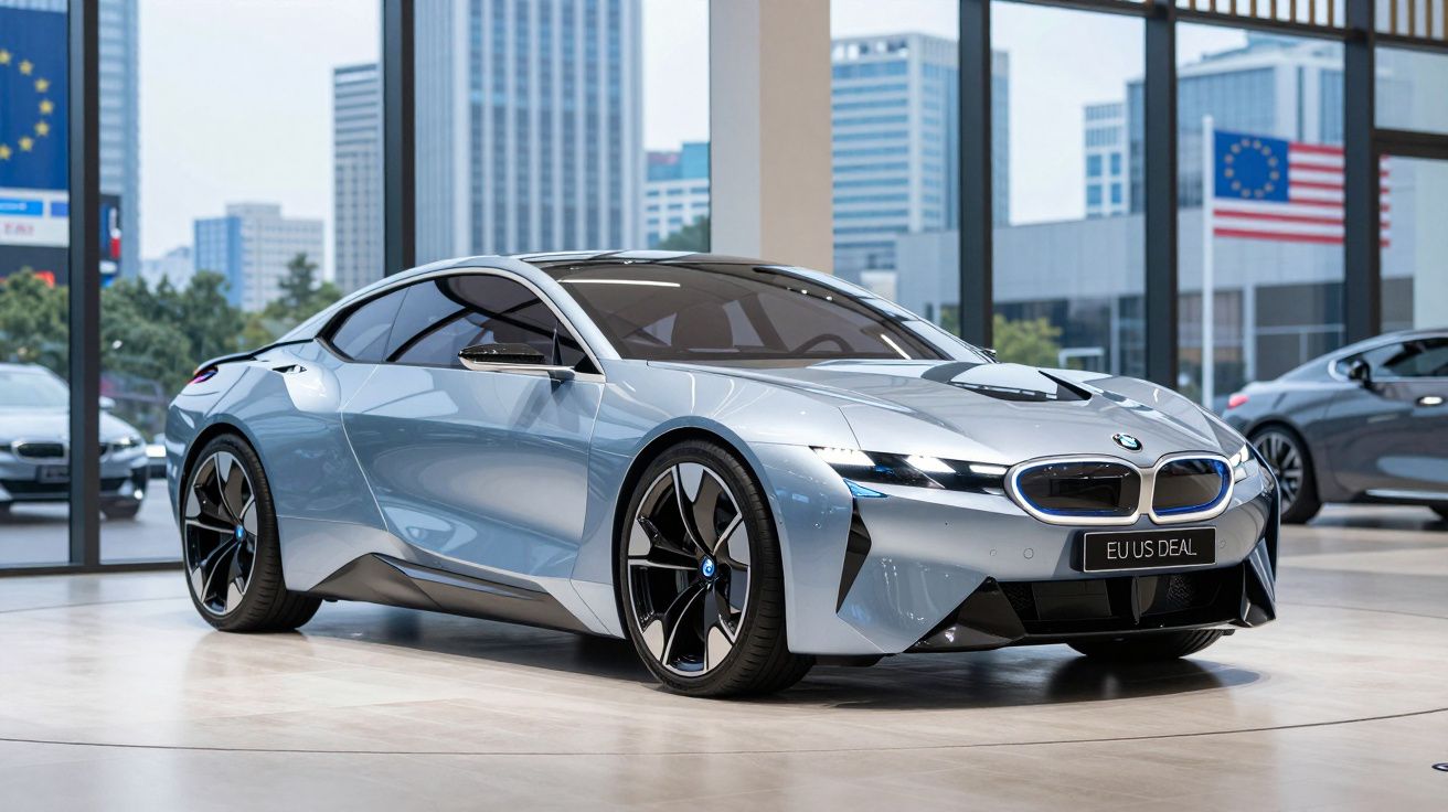 Carro BMW elétrico prateado estacionado em showroom moderno com janelas amplas e bandeiras da UE e EUA ao fundo.