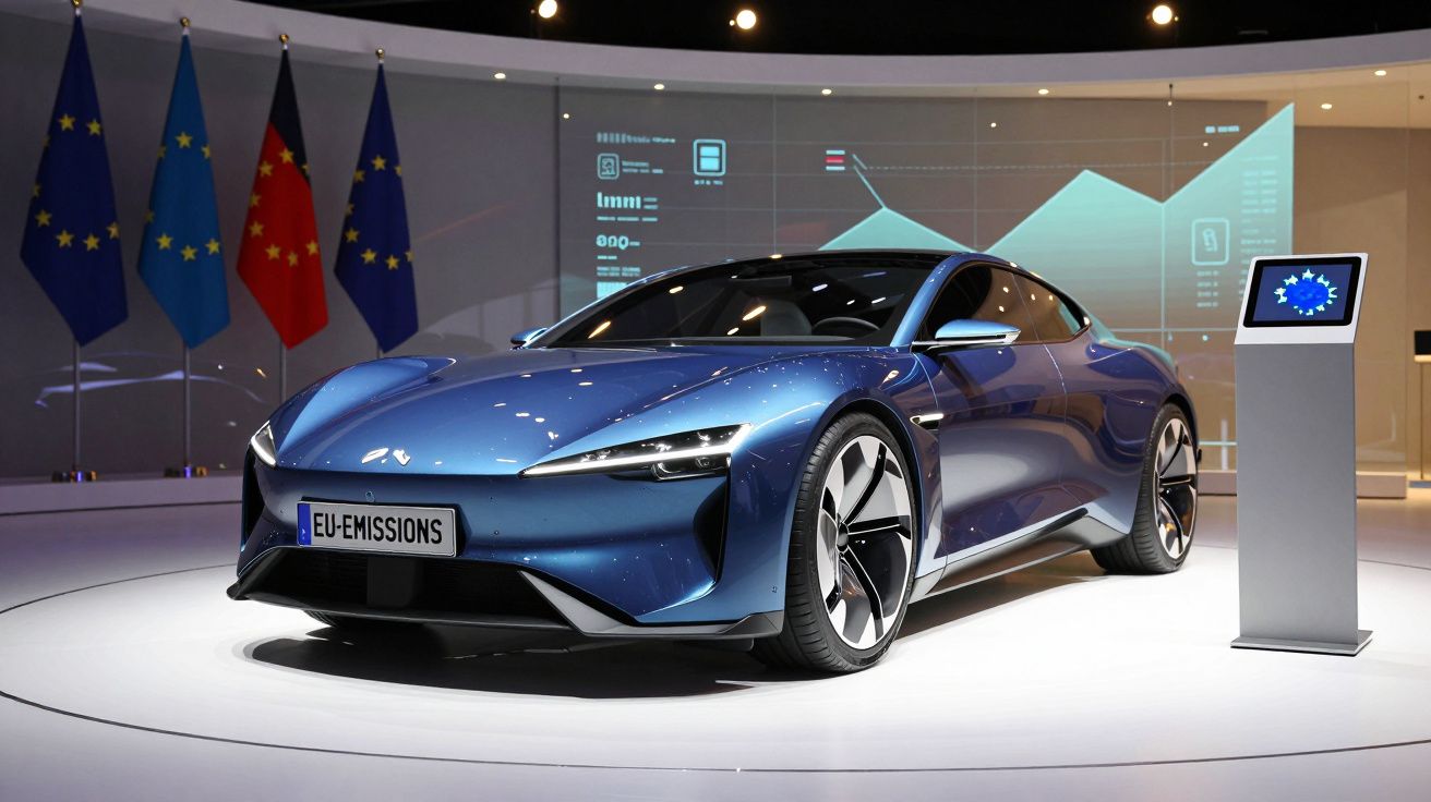 Carro elétrico azul moderno exibido em exposição com bandeiras e ecrãs digitais ao fundo.