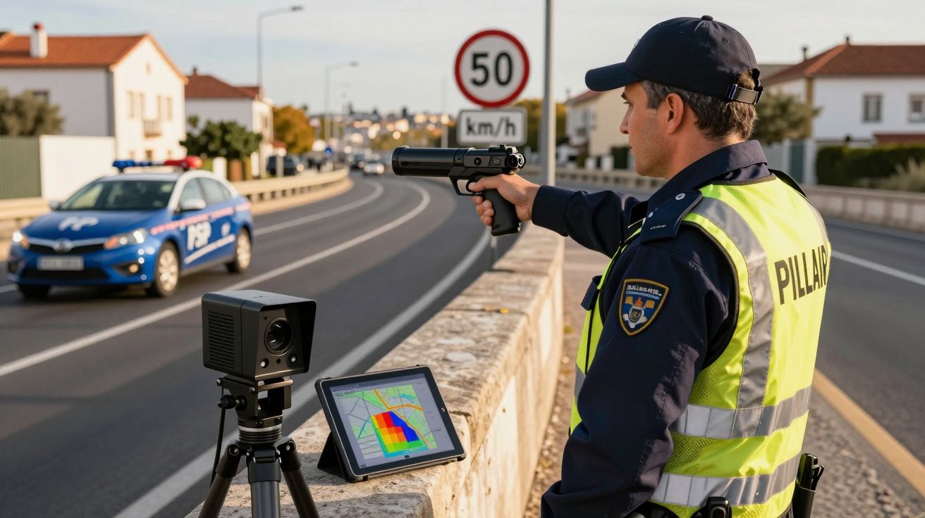 Polícia com colete amarelo controla velocidade com radar num troço urbano de estrada, perto de viatura policial parada.