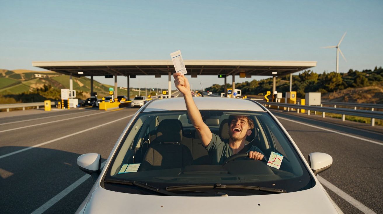 Homem sorridente dentro do carro aponta para cima com documento na mão numa estrada junto a portagem.