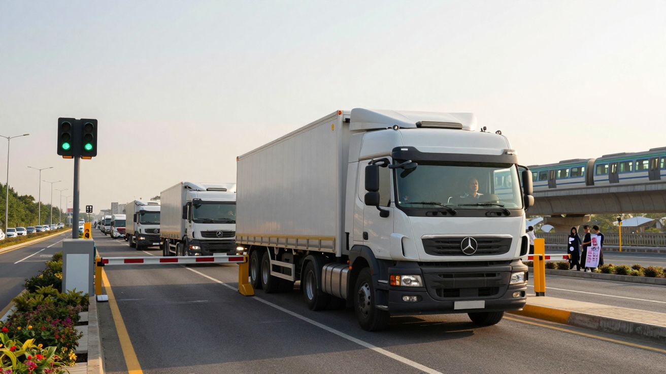 Camiões brancos alinhados a passar por portagem com semáforo verde numa estrada movimentada.