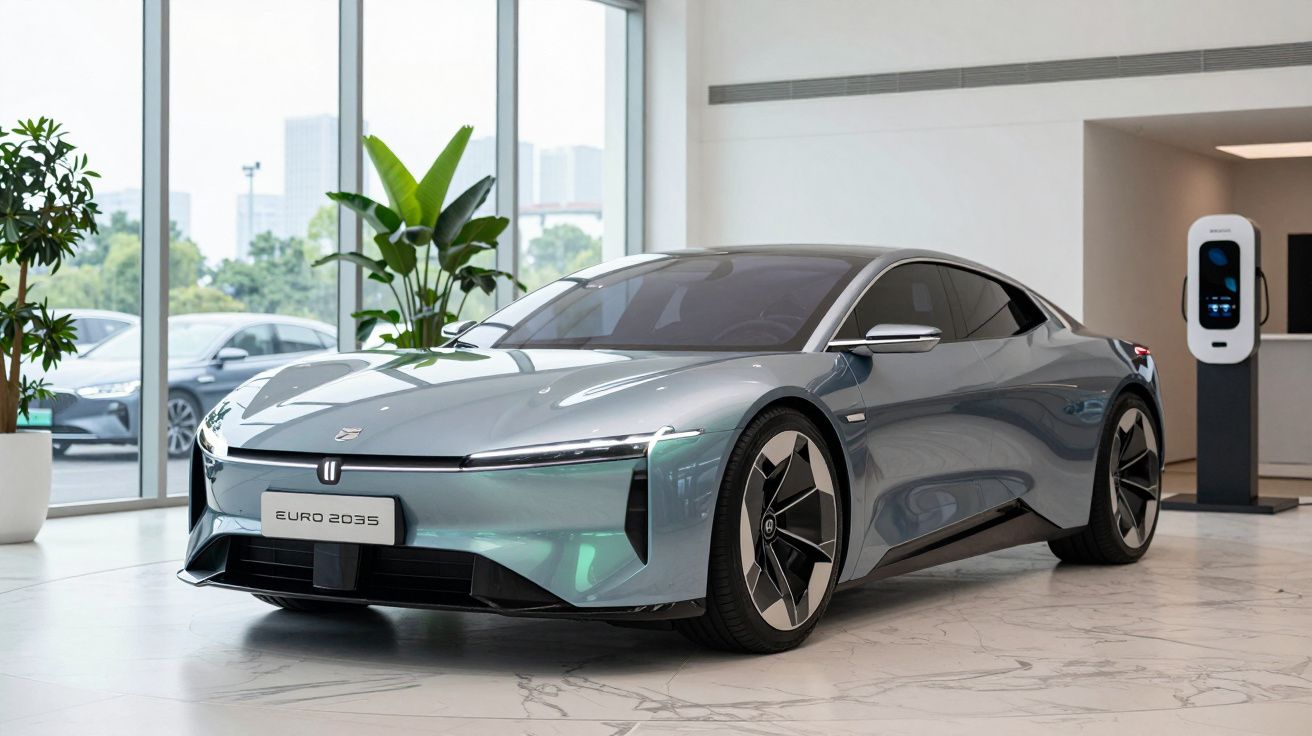 Carro elétrico desportivo Euro 2035 azul prateado em exposição, com parede envidraçada e carregador elétrico ao fundo.