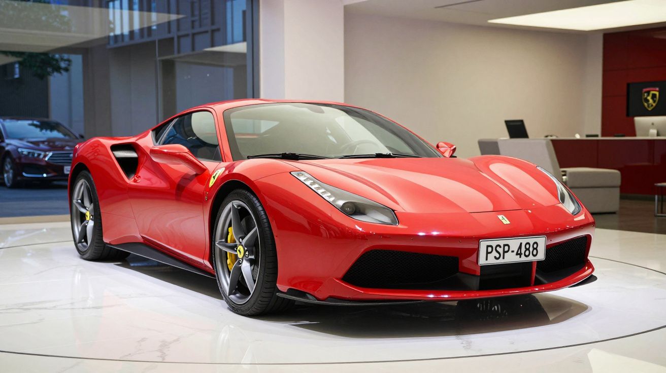 Carro desportivo Ferrari vermelho exibido numa sala moderna com chão branco e paredes claras.