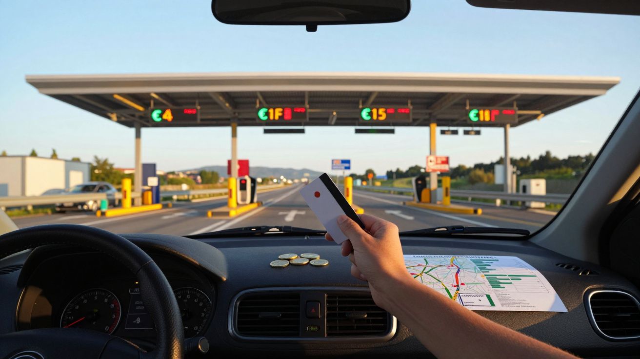 Pessoa dentro de carro a pagar portagem eletrónica numa estação de portagem numa autoestrada.