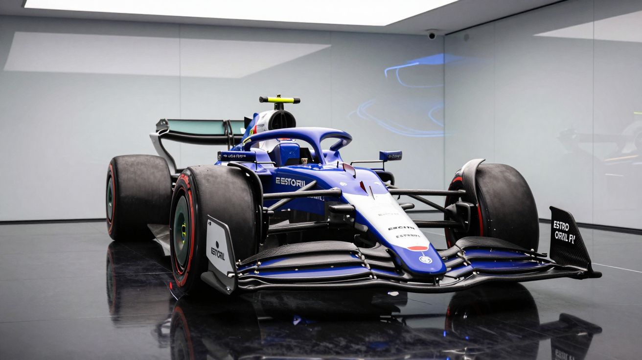 Carro de Fórmula 1 azul e branco da equipa Estoril em exposição numa sala com paredes espelhadas.