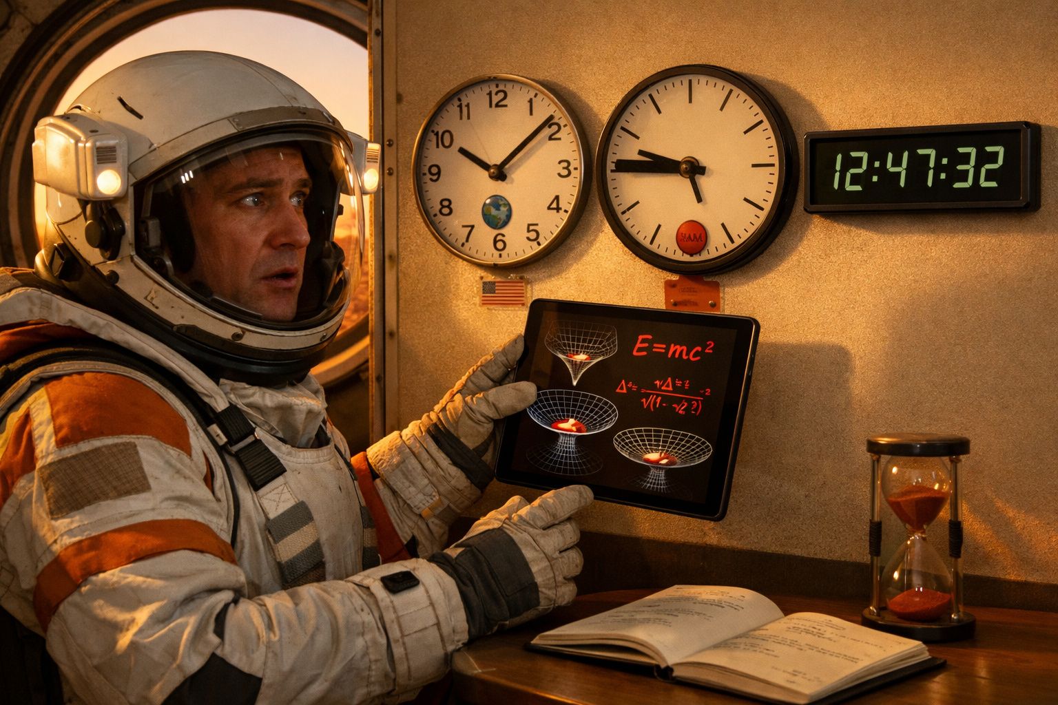 Astronauta com fato espacial observa relógios e quadro com fórmulas de física num ambiente de missão espacial.
