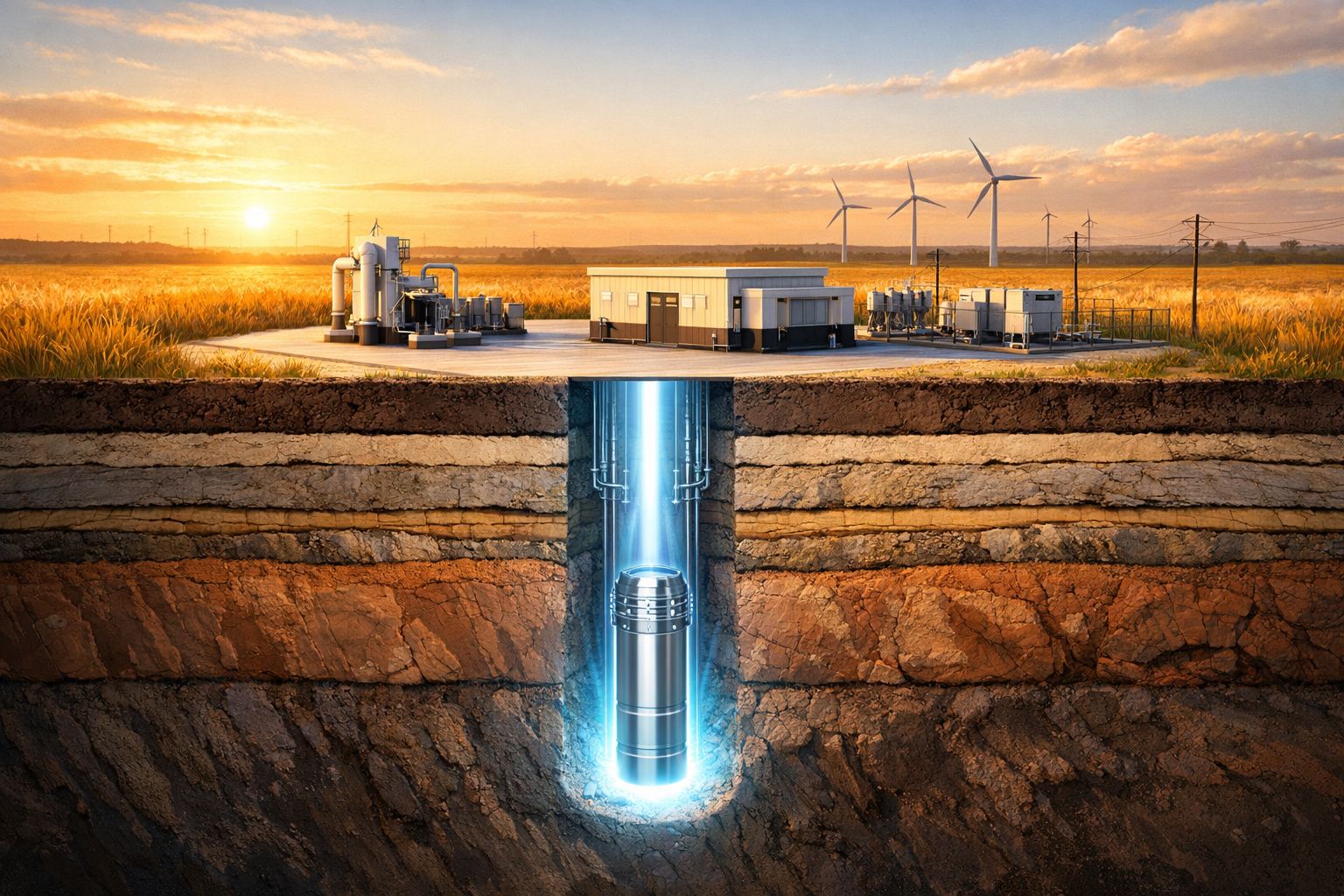 Estação de energia com turbinas eólica e reactor nuclear subterrâneo a funcionar ao pôr do sol.
