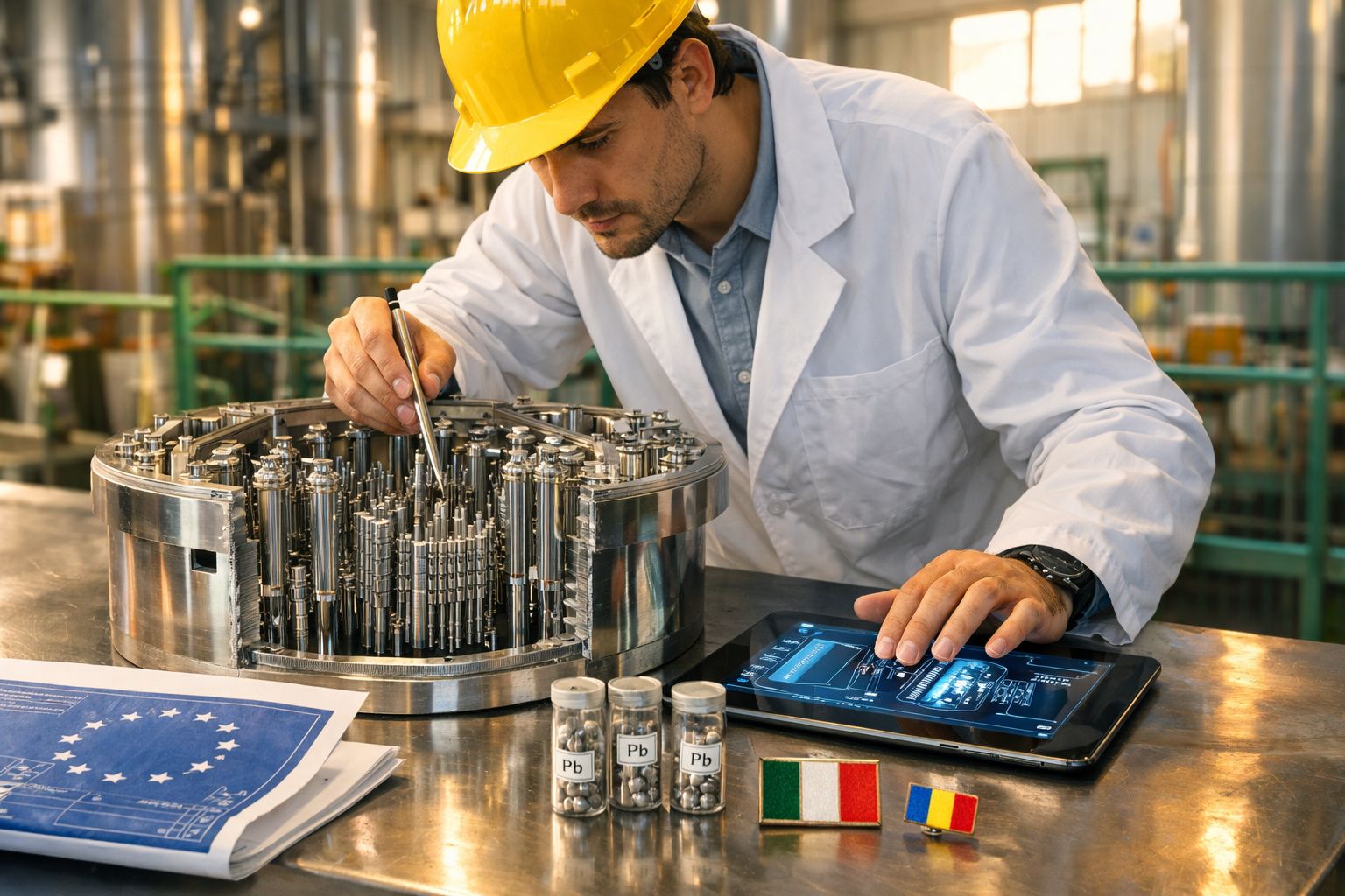 Engenheiro com capacete e bata branca a trabalhar em componente metalúrgico complexo numa fábrica.