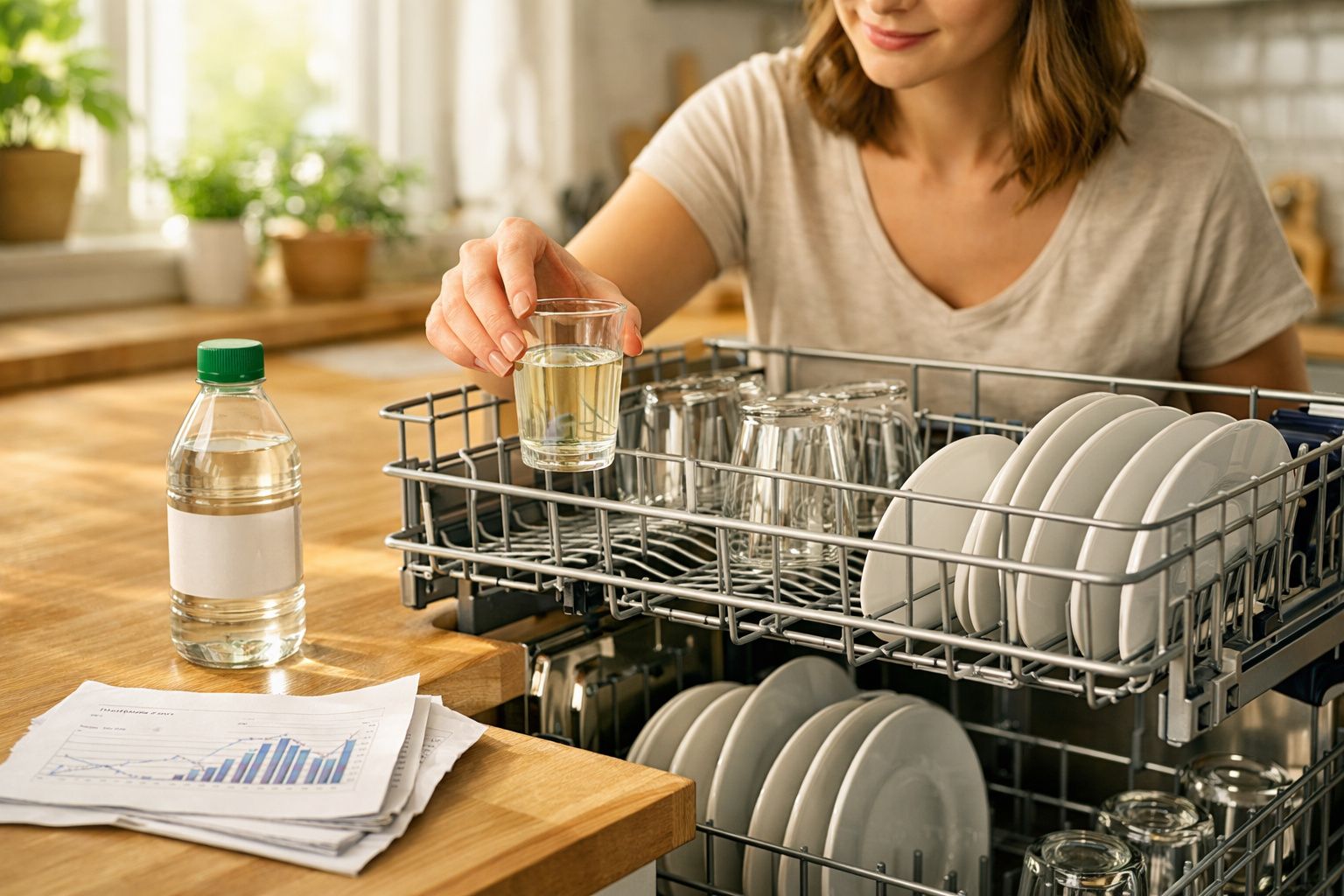 Pessoa a retirar um copo do lava-louças cheio com pratos, copos e uma garrafa de vinho branco na bancada.