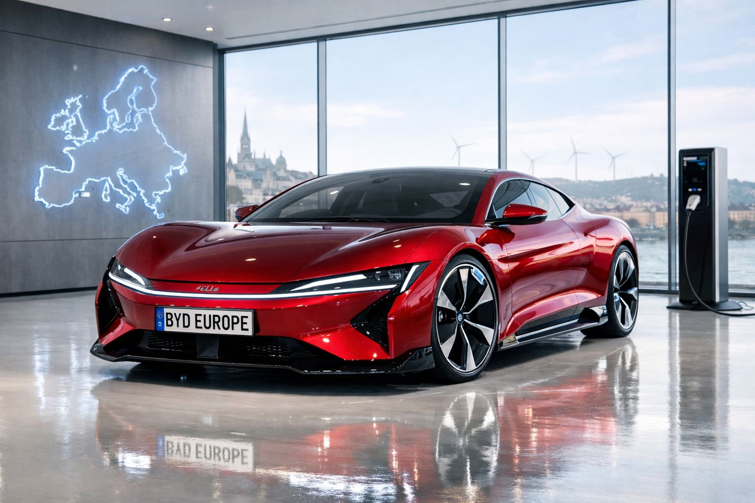 Carro elétrico vermelho de alta performance estacionado em showroom moderno com mapa da Europa iluminado e carregador elétric