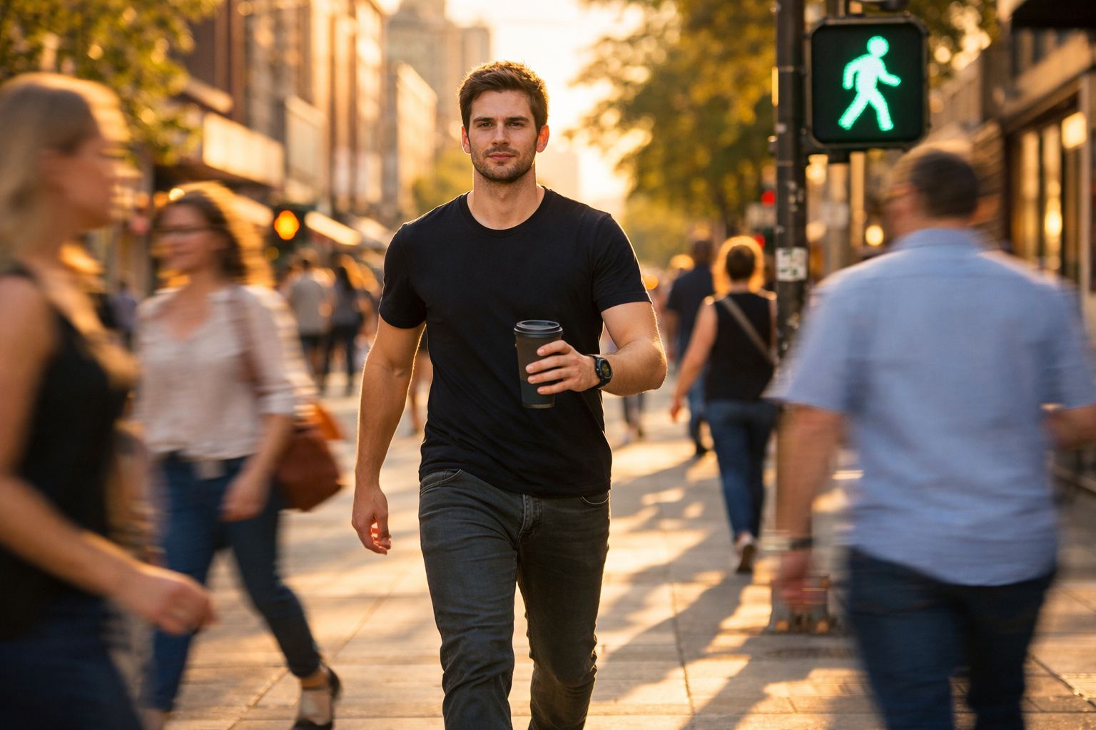 Homem jovem a andar na rua com café na mão e semáforo verde para peões ao fundo.