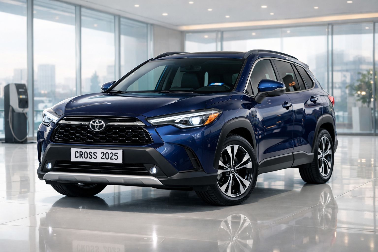 Carro Toyota azul modelo Cross 2025 estacionado em ambiente interior moderno e iluminado.