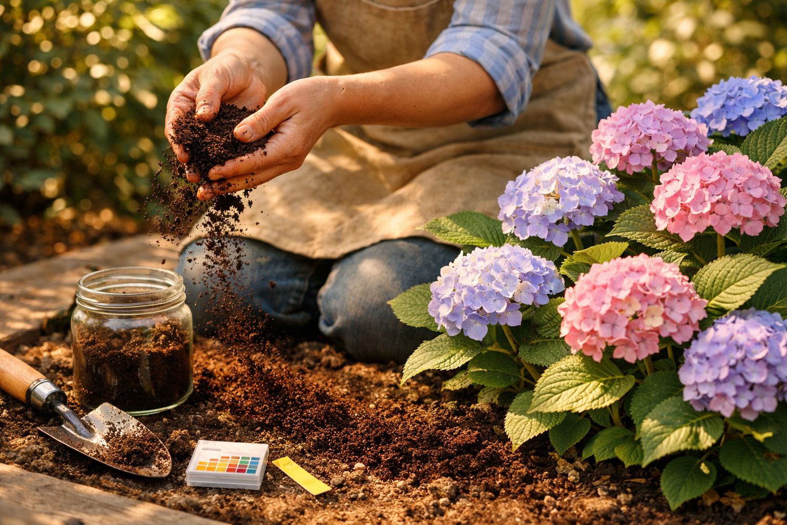 Pessoa a manusear terra de vaso junto a flores de hortênsia rosas e lilases num jardim.