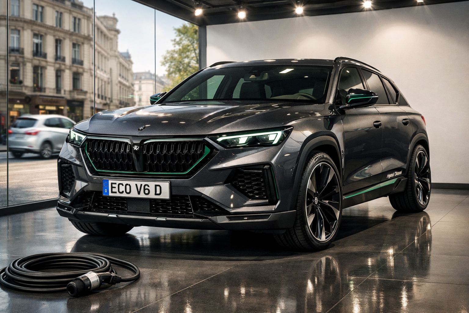 Carro SUV cinza escuro estacionado em showroom moderno com tomadas de carregamento elétrico no chão.