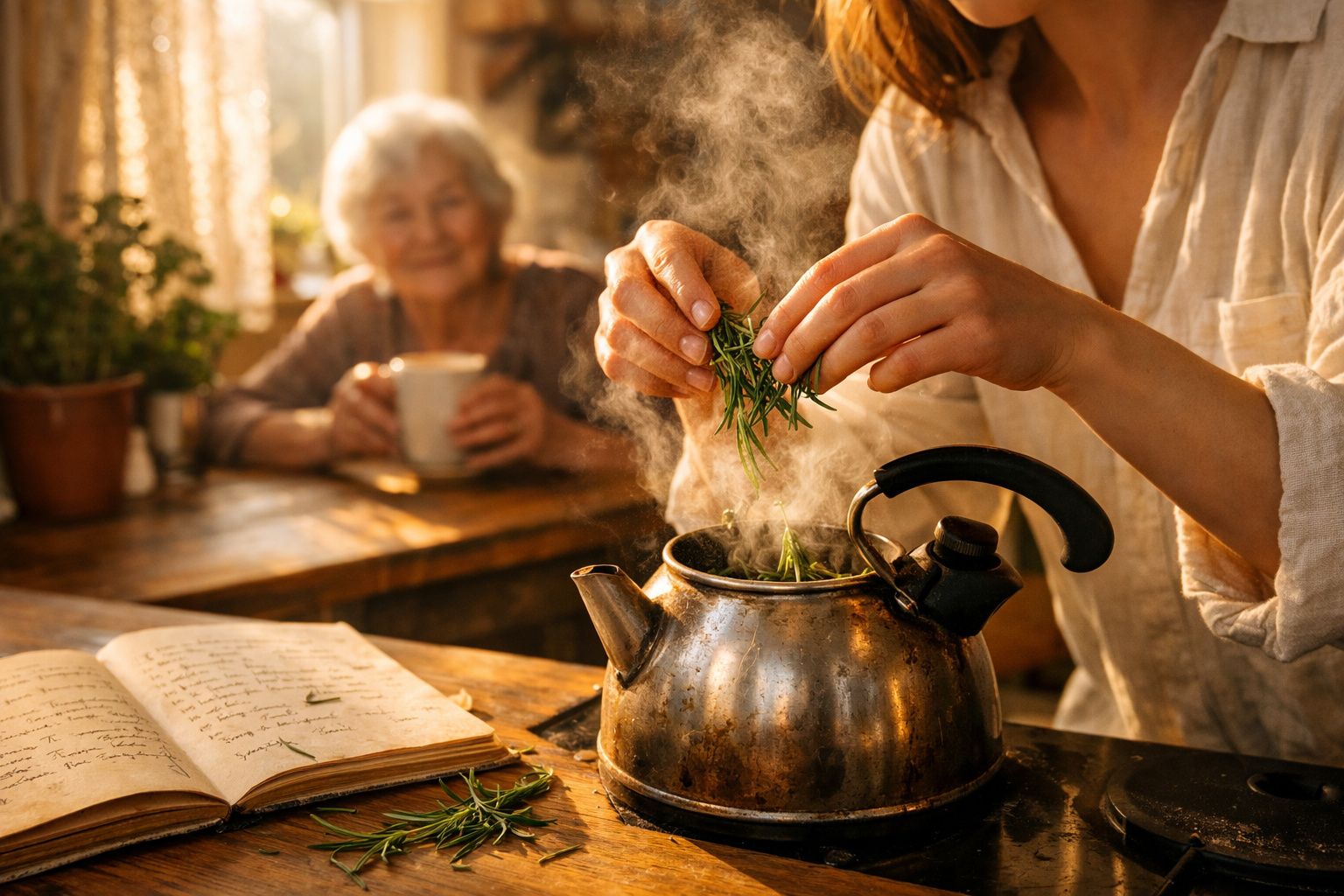 Pessoa a colocar ervas numa chaleira a ferver enquanto outra idosa observa e bebe chá ao fundo.
