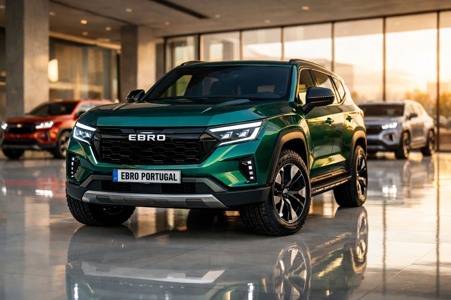 SUV verde EBRO estacionado no interior de uma concessionária moderna com reflexos no chão.