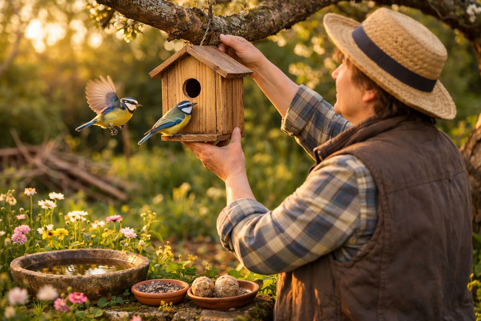 Pessoa a colocar casa de pássaros de madeira numa árvore com dois pintassilgos azuis ao redor num jardim florido.
