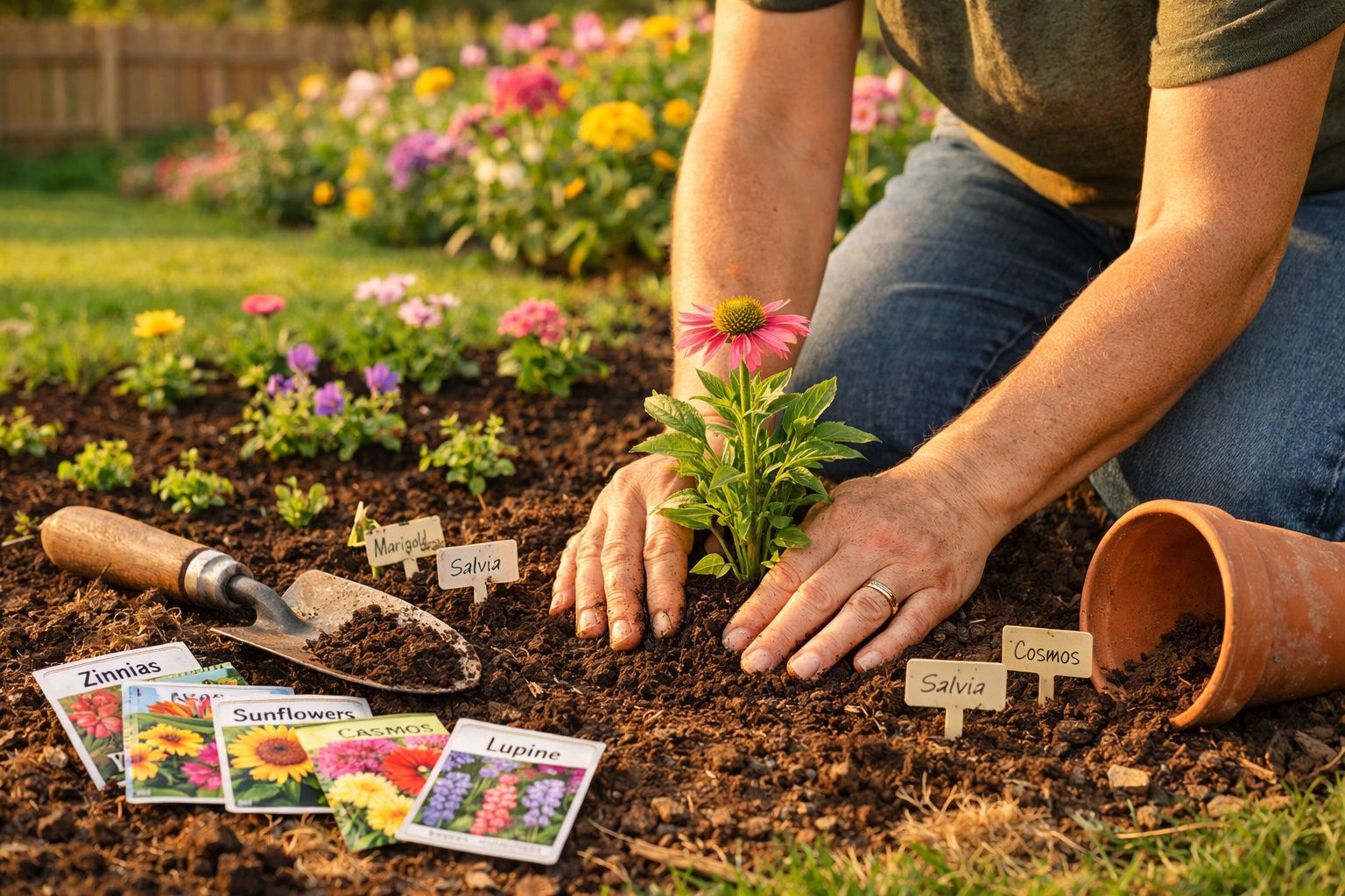 Pessoa a plantar flor num canteiro com várias sementes e etiquetas de plantas no jardim.