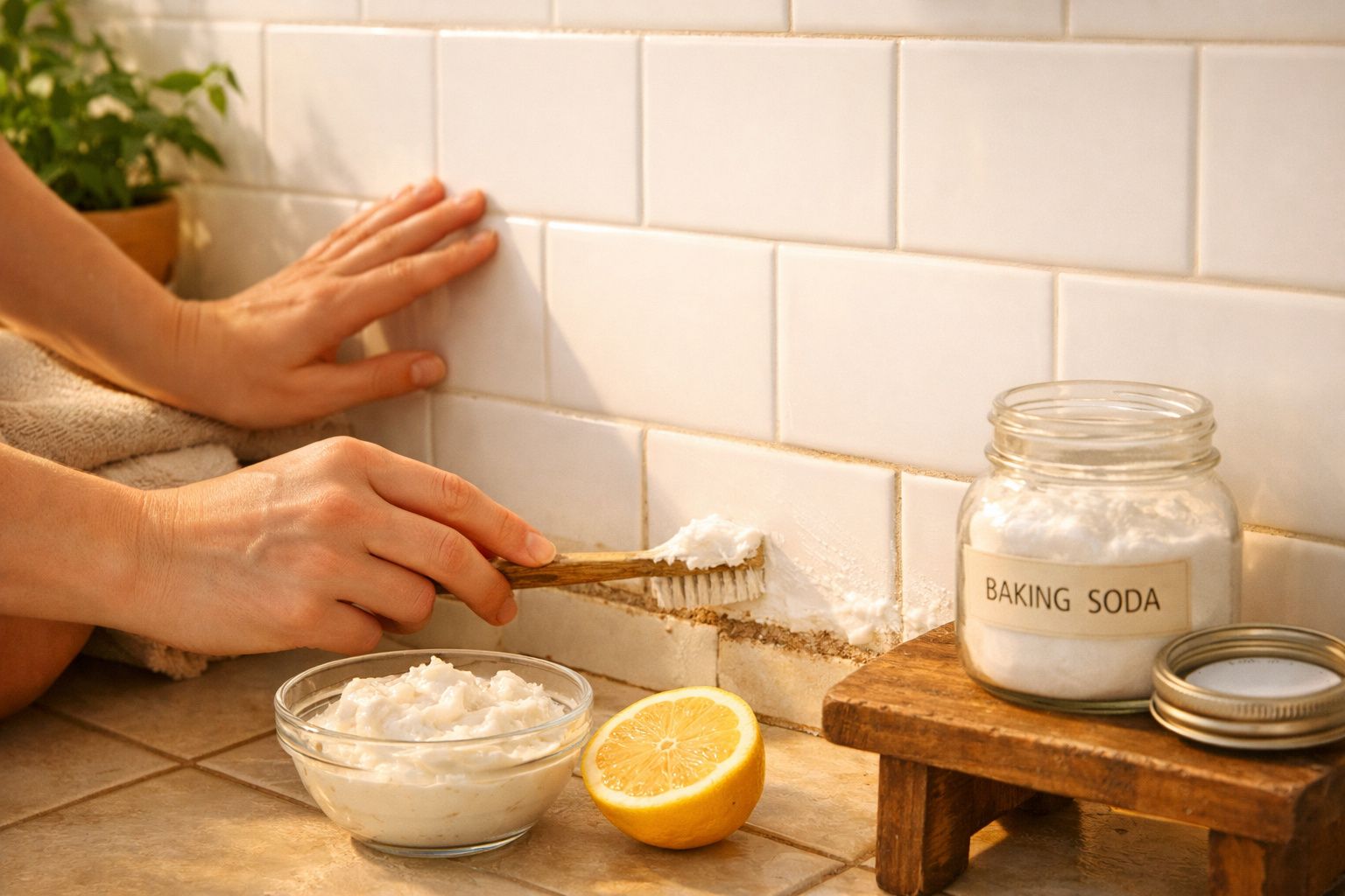 Pessoa a limpar azulejos com escova, bicarbonato de sódio, limão e pasta caseira num balcão de cozinha.