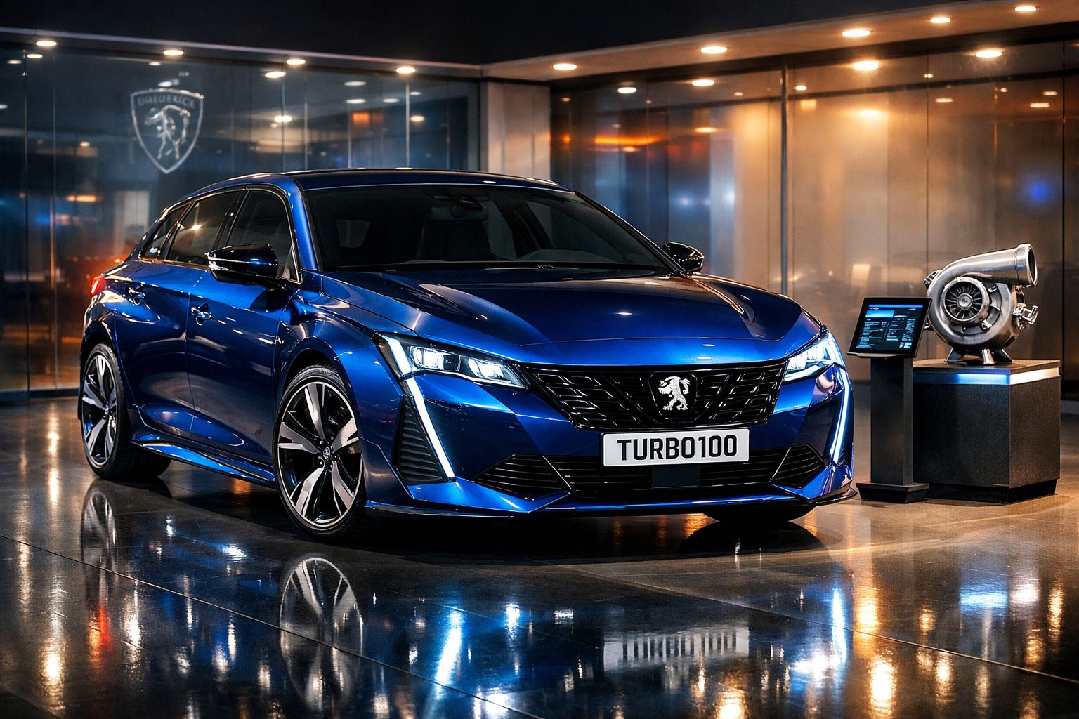 Carro desportivo Peugeot azul metálico estacionado em interior brilhante com motor turbo em exibição ao lado.