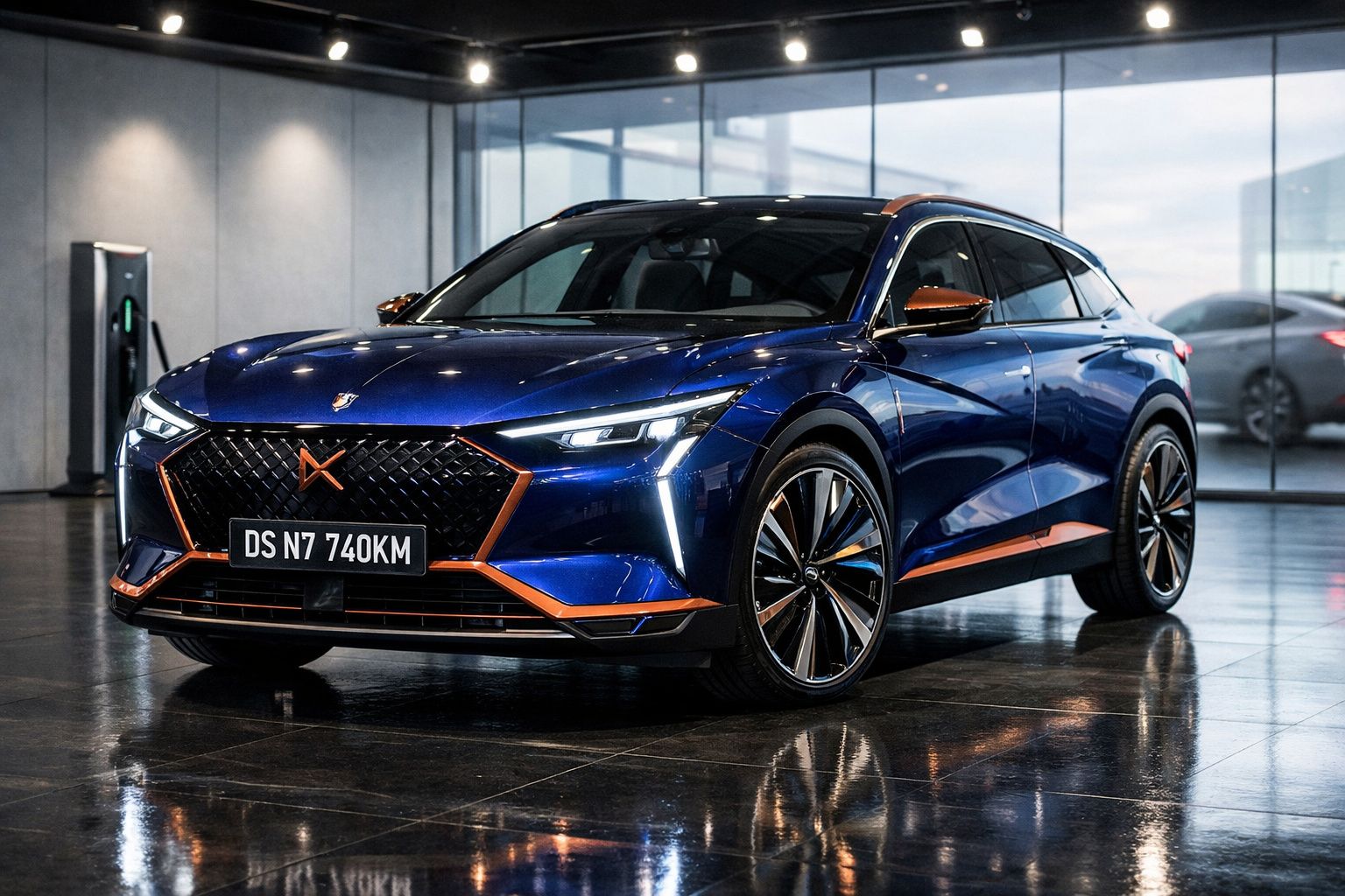 Carro elétrico azul DS N7 740KM estacionado num showroom moderno com luzes refletidas no chão.