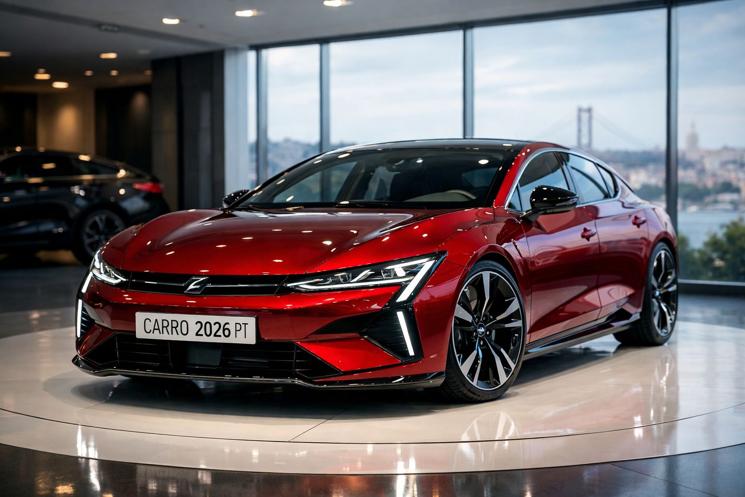 Carro desportivo vermelho brilhante exposto em salão com grandes janelas e vista para a cidade.