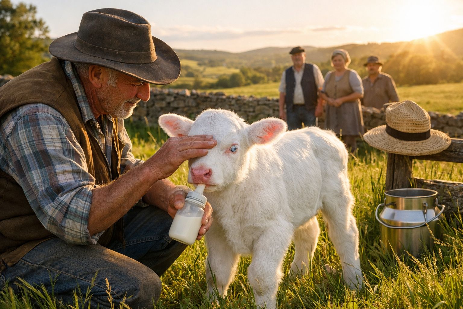 Homem alimenta bezerro com biberão numa quinta ao pôr do sol, com três pessoas ao fundo.