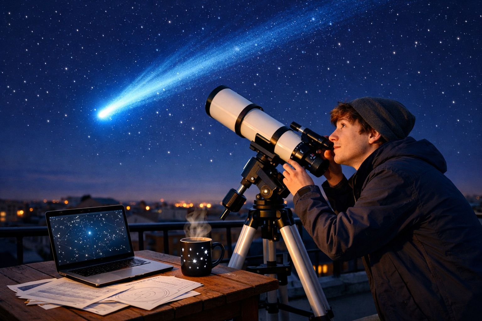 Jovem observa estrelas com telescópio na varanda à noite, com cometa e computador ao lado.