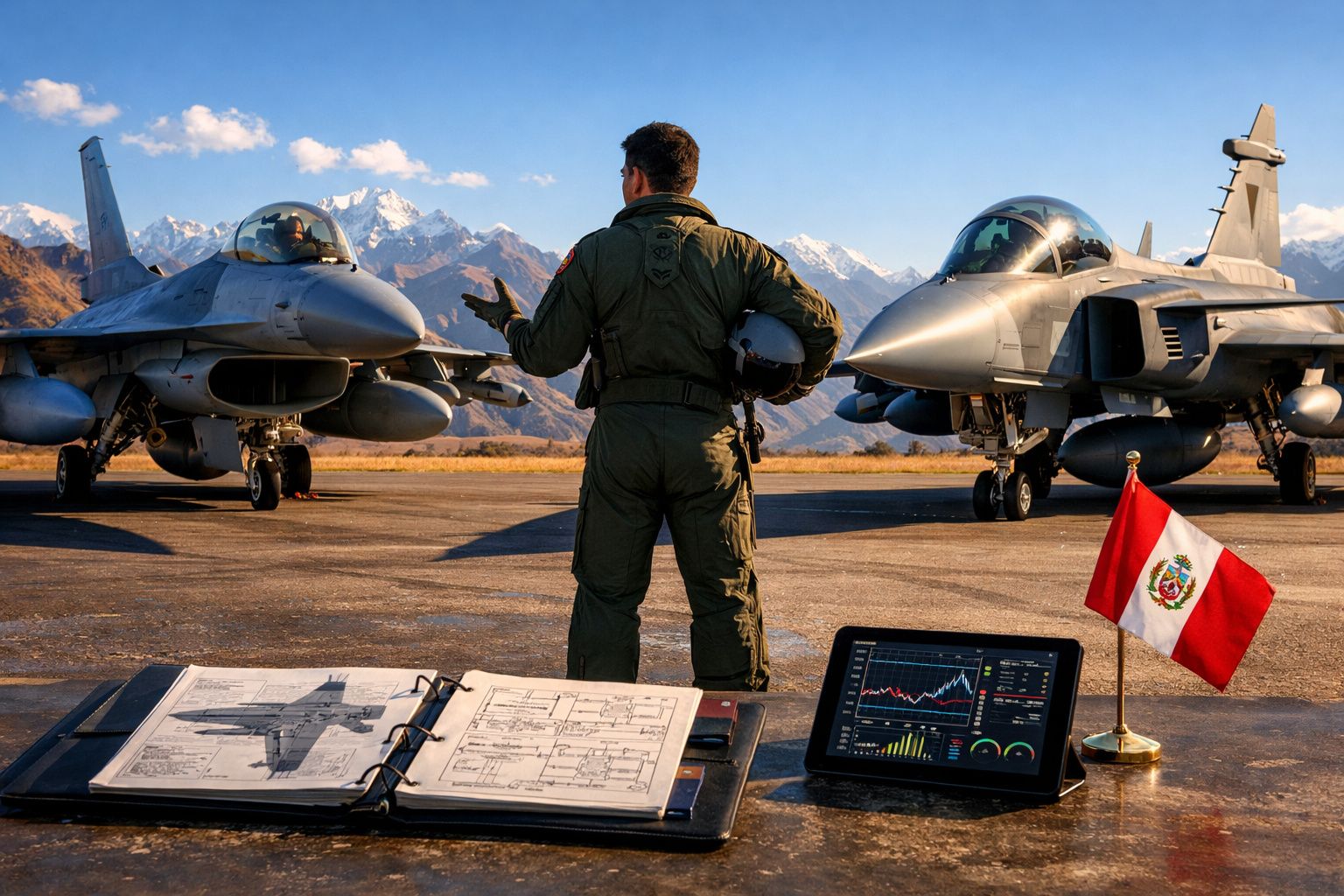 Piloto de aviões militares entre dois caças, com bandeira do Peru e equipamentos no chão, em pista com montanhas ao fundo.
