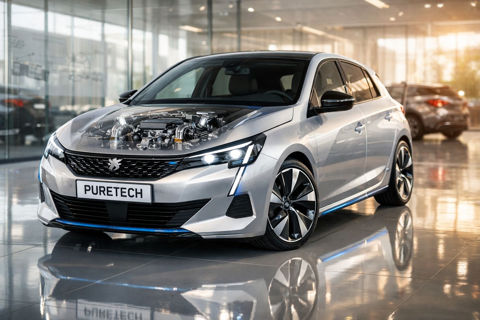 Peugeot prata com motor exposto no capô, estacionado num espaço interior com luz natural.