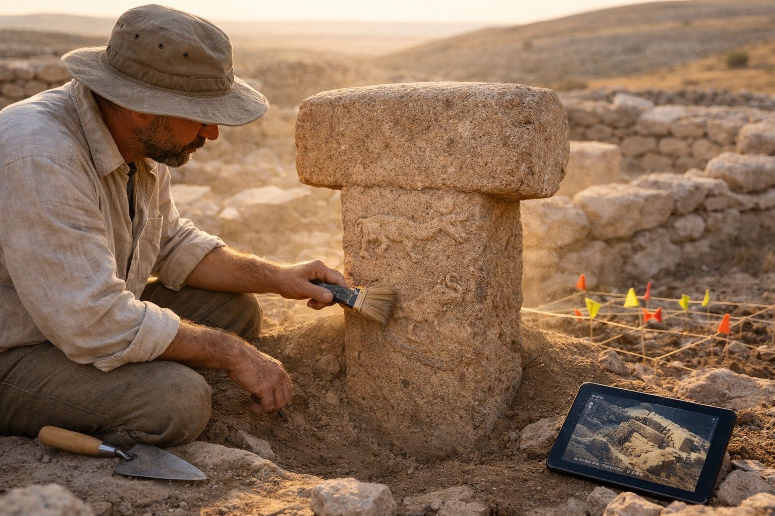 Arqueólogo a limpar uma escultura antiga de pedra num sítio arqueológico ao pôr do sol.